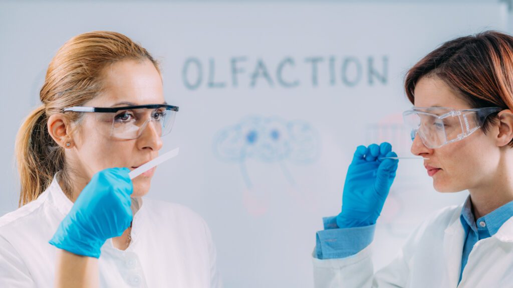 Researchers testing the smell of a product.